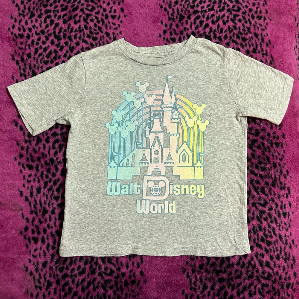 Walt Disney World pastel Rainbow Castle  w/ Mickey Balloons Kids Gray T-Shirt